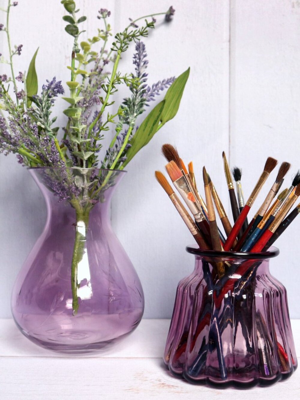 Amethyst Glass Vases Set / Pair Purple Home Decor